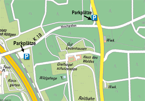Karte mit den zwei Parkplätzen bei Gut Leidenhausen